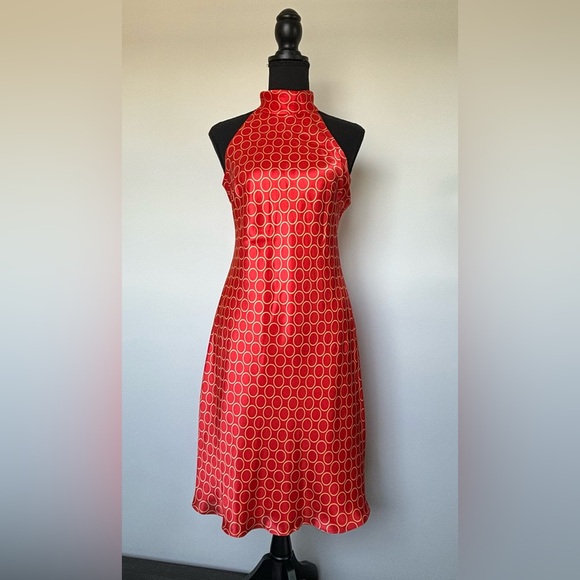 New Women’s Donna Ricco Silk Tie Neck Dress in Orange With Gold Circles Size 6P - Picture 5 of 16